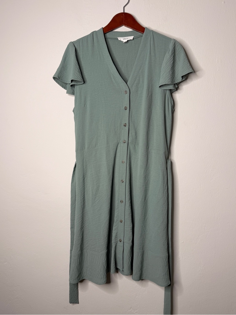 Lucky Brand Sage Green Flutter Sleeve Button-Front Tie-Waist Dress Size XL